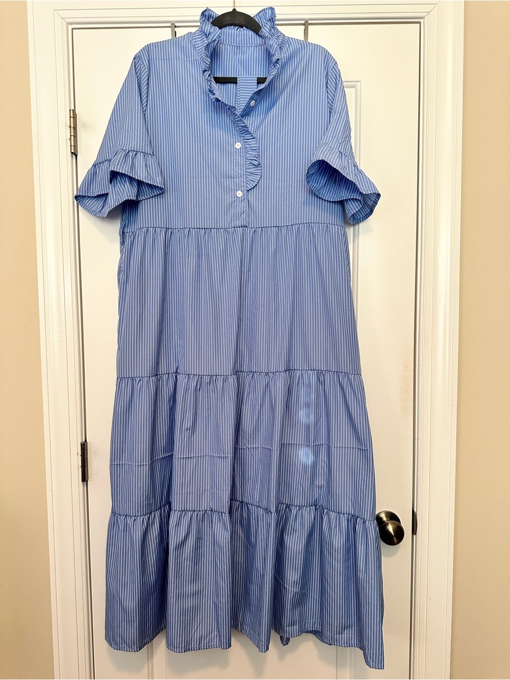 Women’s Blue and White Striped Ruffle-Tiered Dress